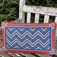 Chevron geometric needlepoint pillow in dark red, old blues, sand and copper colors