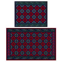lumbar needlepoint cushions, pattern Pisac in garnet, plum, purple, teal, green, navy colors