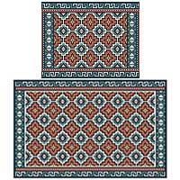Pisac lumbar needlepoint cushions in old blues and rusty reds with white colors